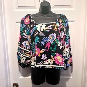 C&C California Linen Blouse Floral Top Black Medium Women Boho Summer Tropical